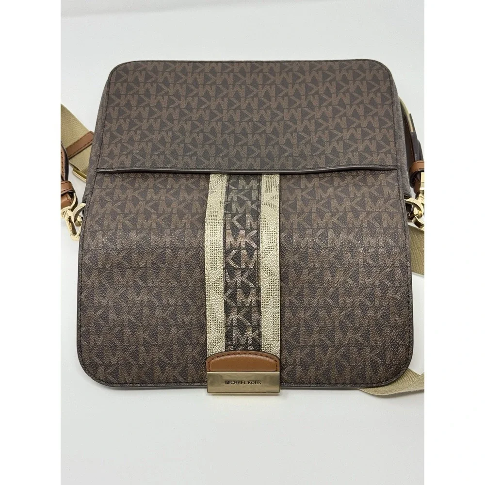 MICHAEL KORS SLOAN EDITOR BROWN MK MEDIUM FLAP CENTER STRIPE MESSENGER BAG